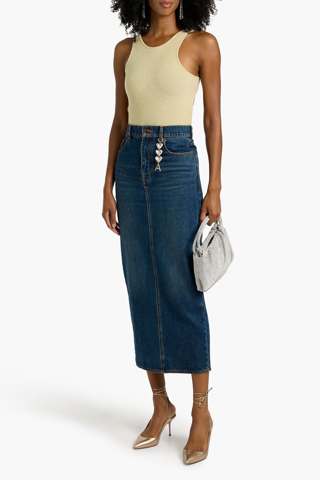 AREA Embellished denim midi skirt