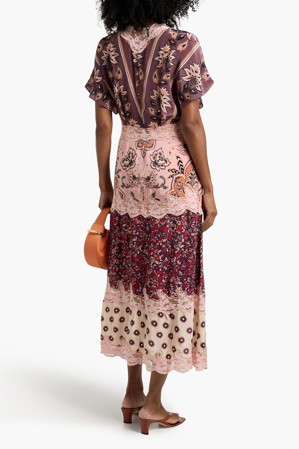 FARM RIO Printed satin and lace midi dress