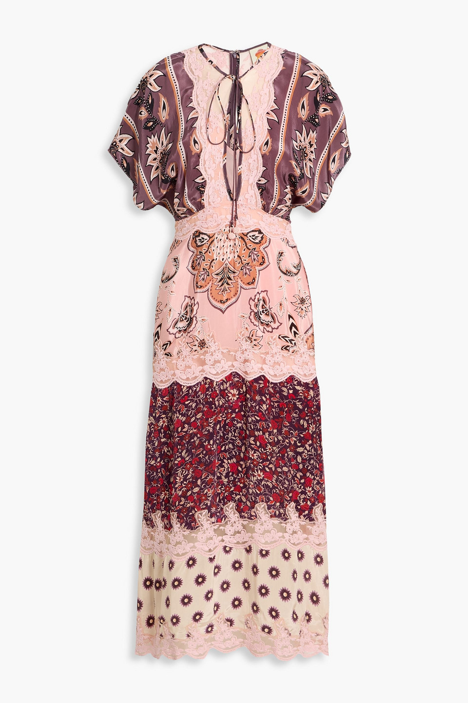 Farm Rio Printed Satin And Lace Midi Dress In Pink