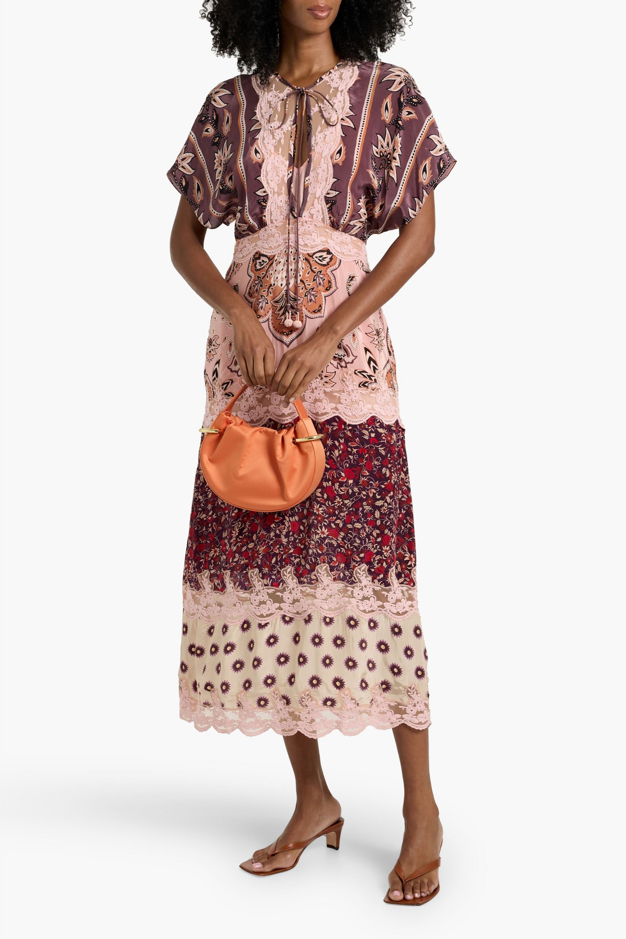 FARM Rio Printed satin and lace midi dress