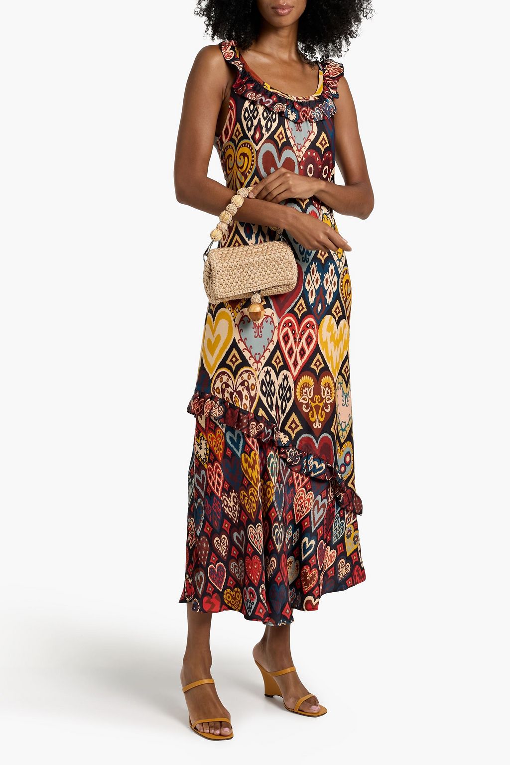FARM RIO Ruffled printed satin midi dress