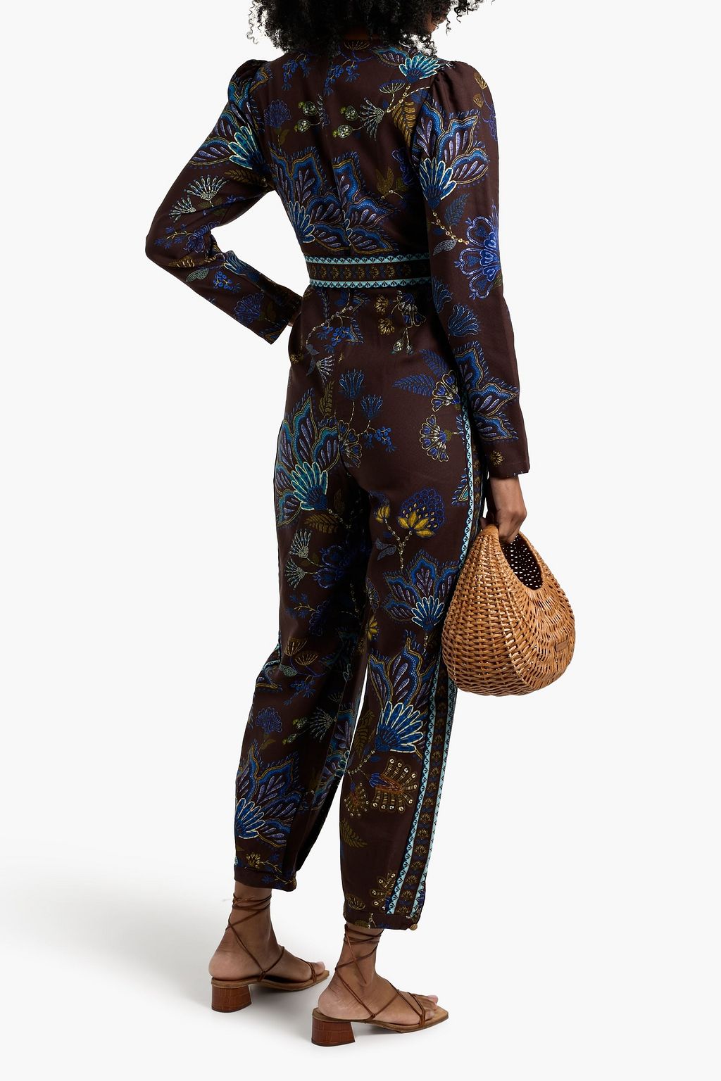 FARM RIO Belted printed cotton-canvas jumpsuit