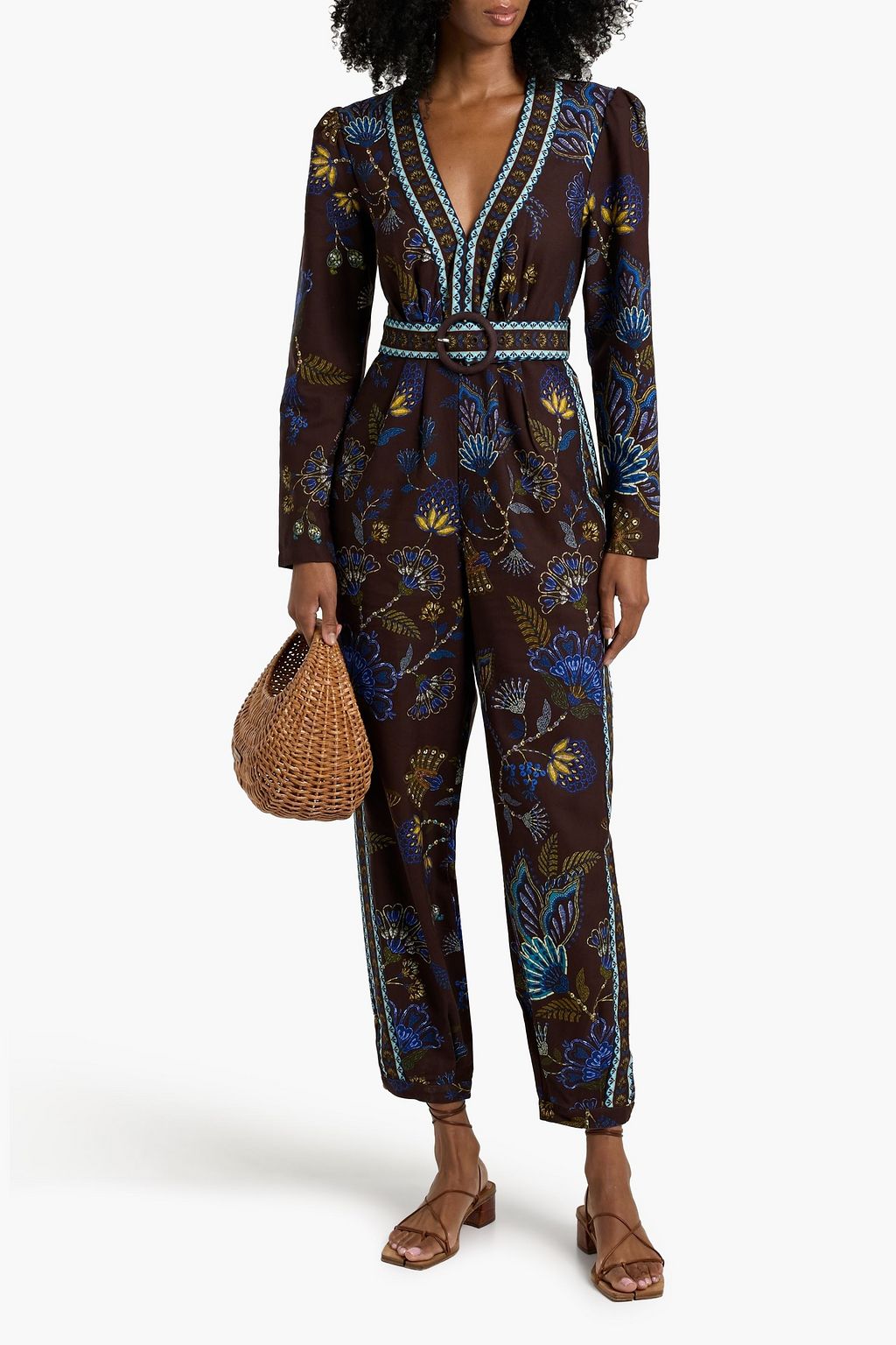 FARM RIO Belted printed cotton-canvas jumpsuit