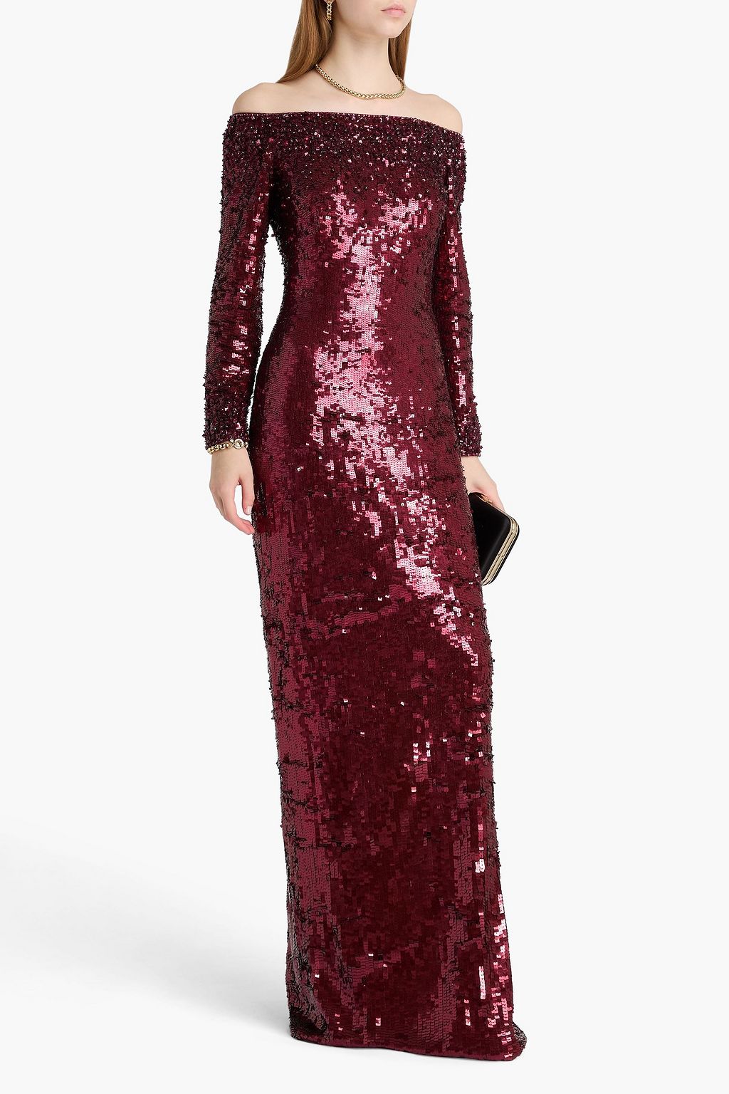 JENNY PACKHAM Ballroom Blitz off-the-shoulder crystal-embellished sequined satin gown