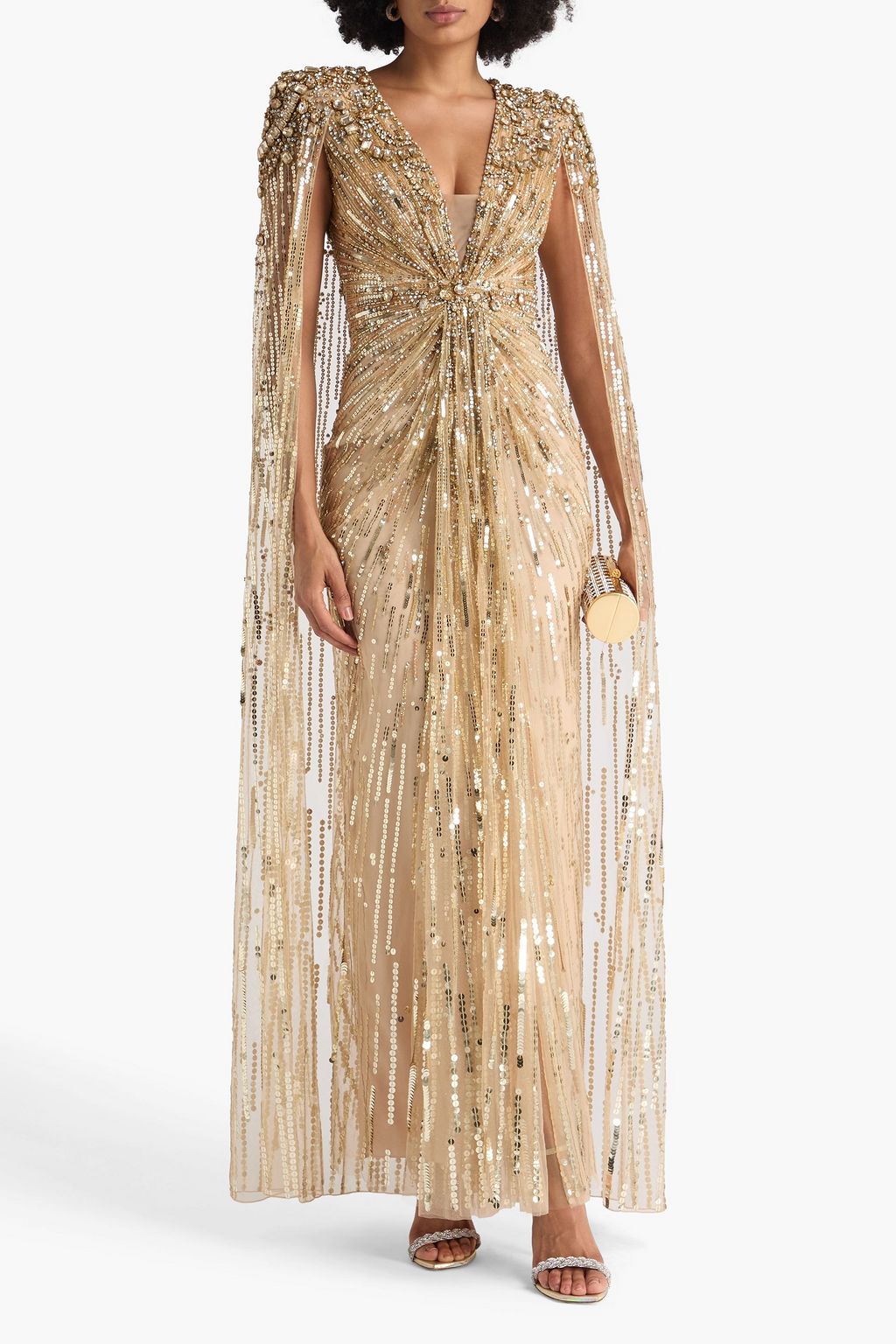 JENNY PACKHAM Sequin-embellished cape-effect glittered tulle gown