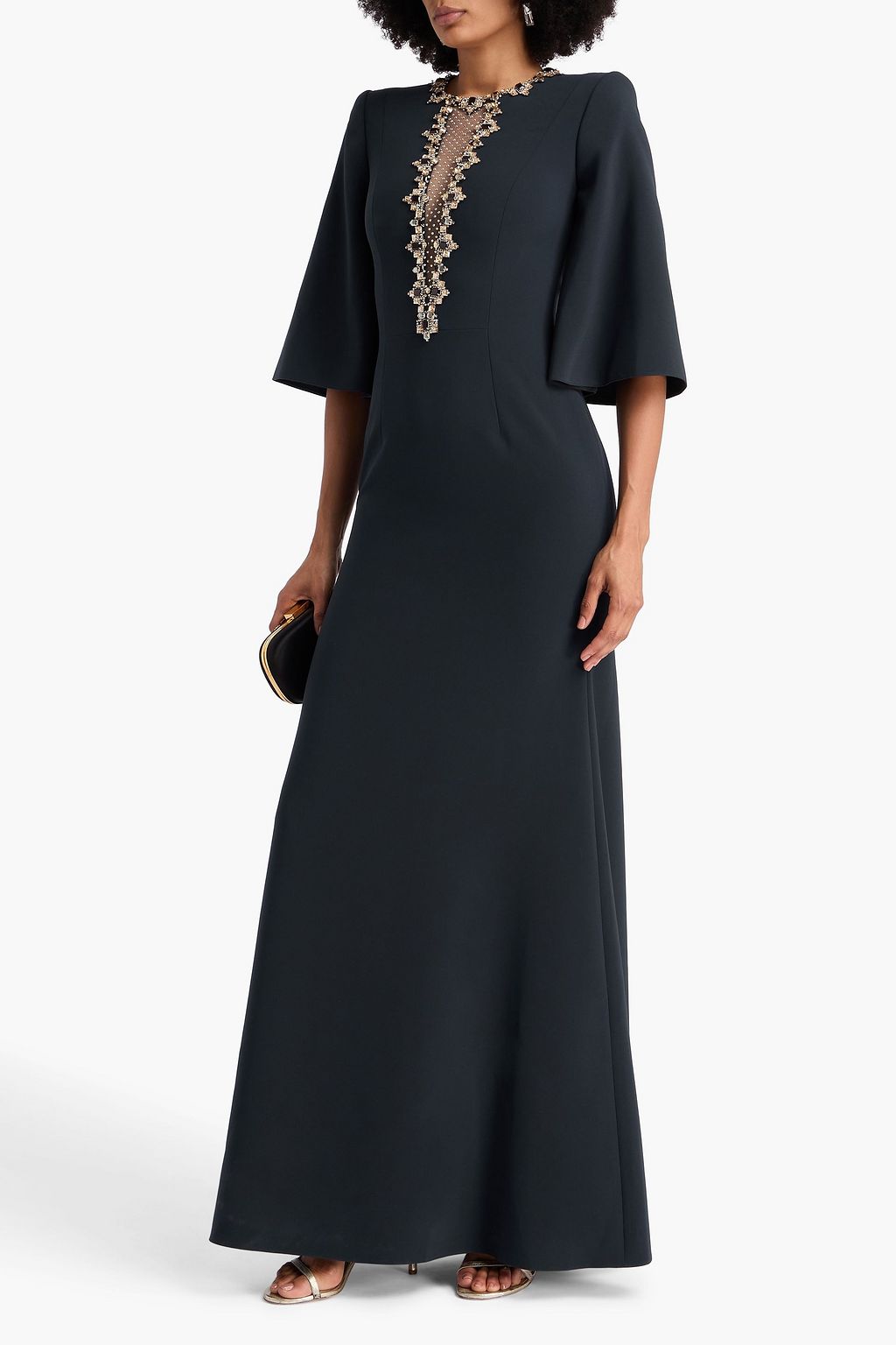 JENNY PACKHAM Crystal-embellished tulle-trimmed crepe gown