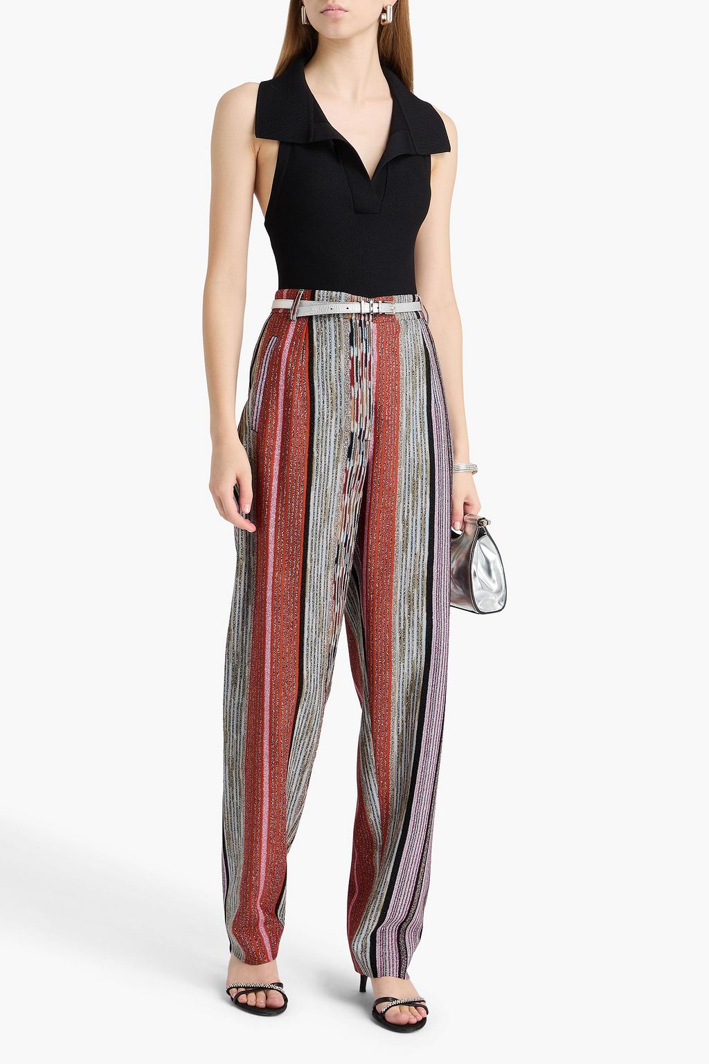 MISSONI かぎ針編みニット テーパードパンツ メタリック ストライプ
