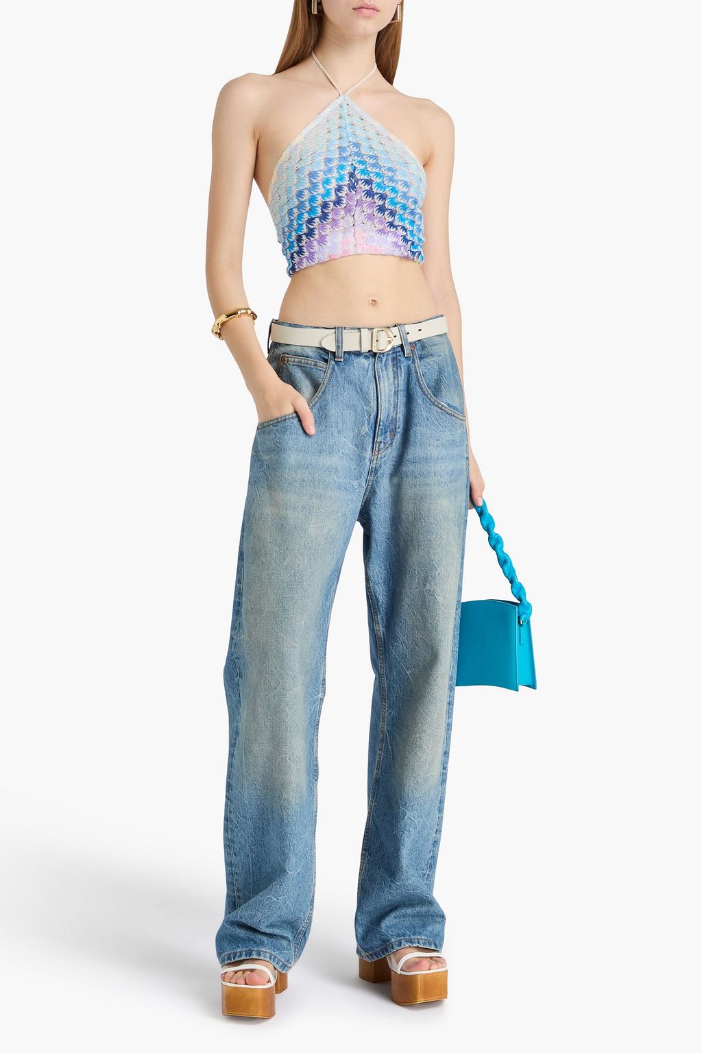 MISSONI بلوزة قصيرة بياقة هالتر الدائرية من نسيج بحبكة كروشيه