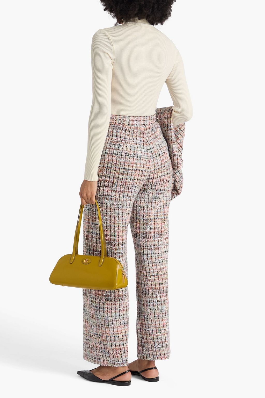 MISSONI بنطال من نسيج بحبكة بوكليه بقصة أرجل واسعة بلون ميتاليك مزين بأقراص براقة