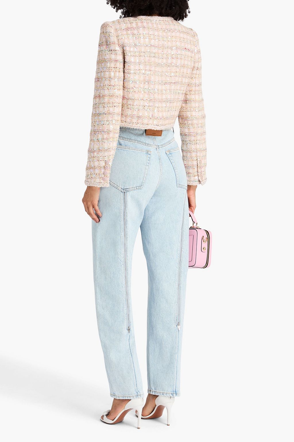 SELF-PORTRAIT Cropped Jacke aus Bouclé-Tweed mit Metallic-Effekt und Verzierung