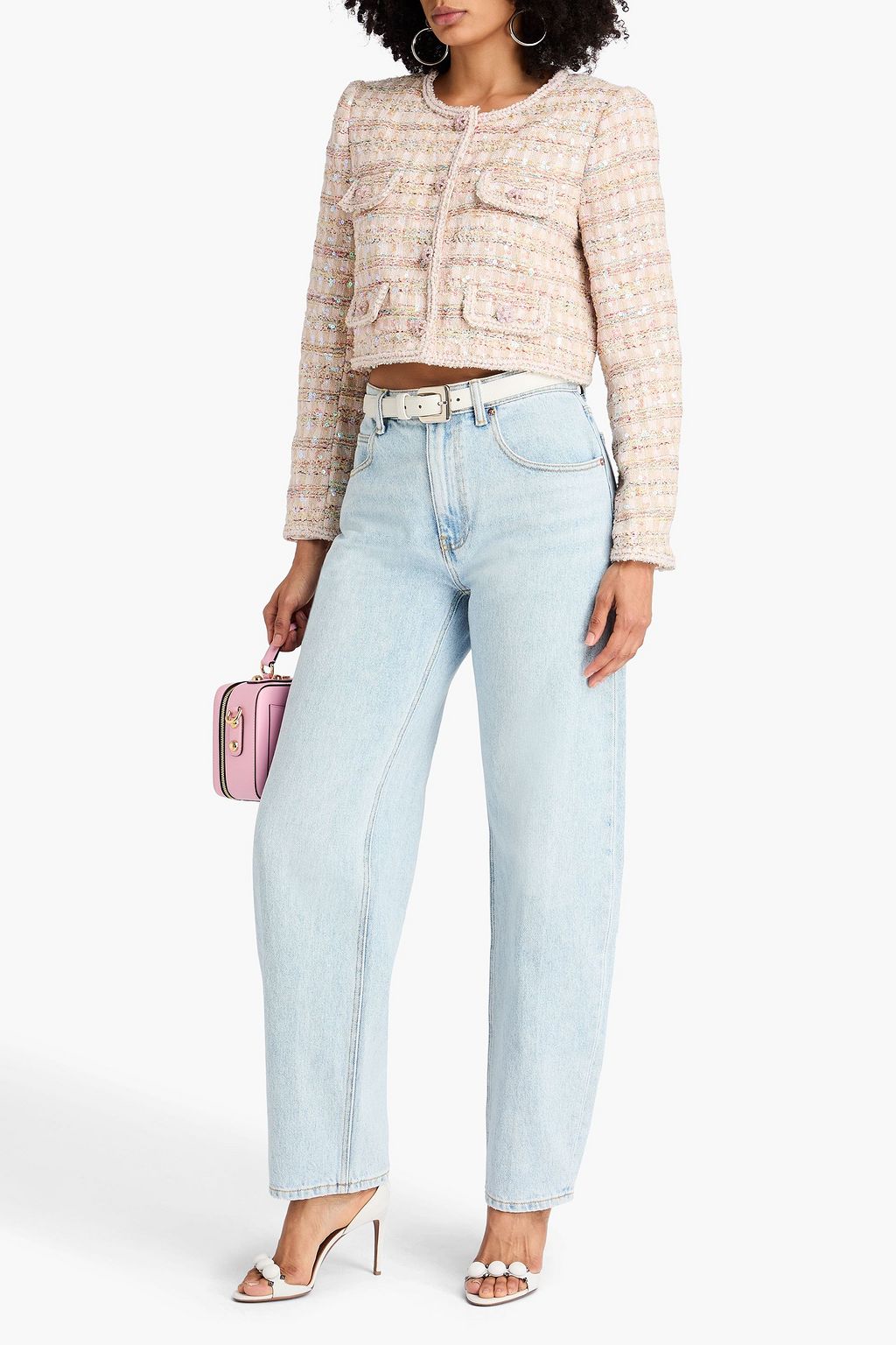 SELF-PORTRAIT Cropped Jacke aus Bouclé-Tweed mit Metallic-Effekt und Verzierung