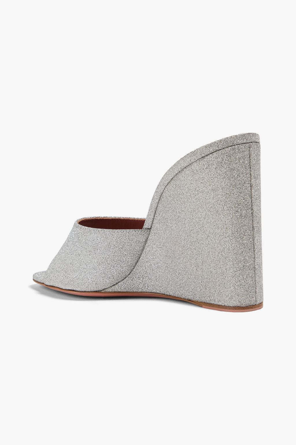 AMINA MUADDI Lupita Mules aus Leder mit Glitter-Finish und Keilabsatz