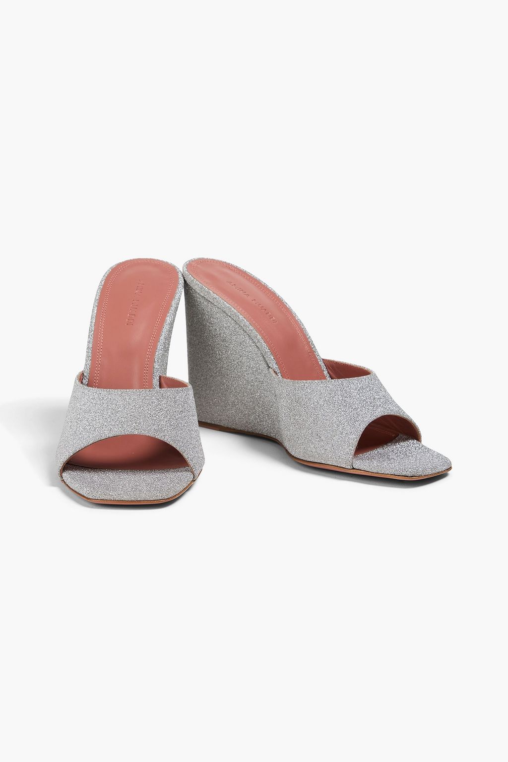 AMINA MUADDI Lupita Mules aus Leder mit Glitter-Finish und Keilabsatz