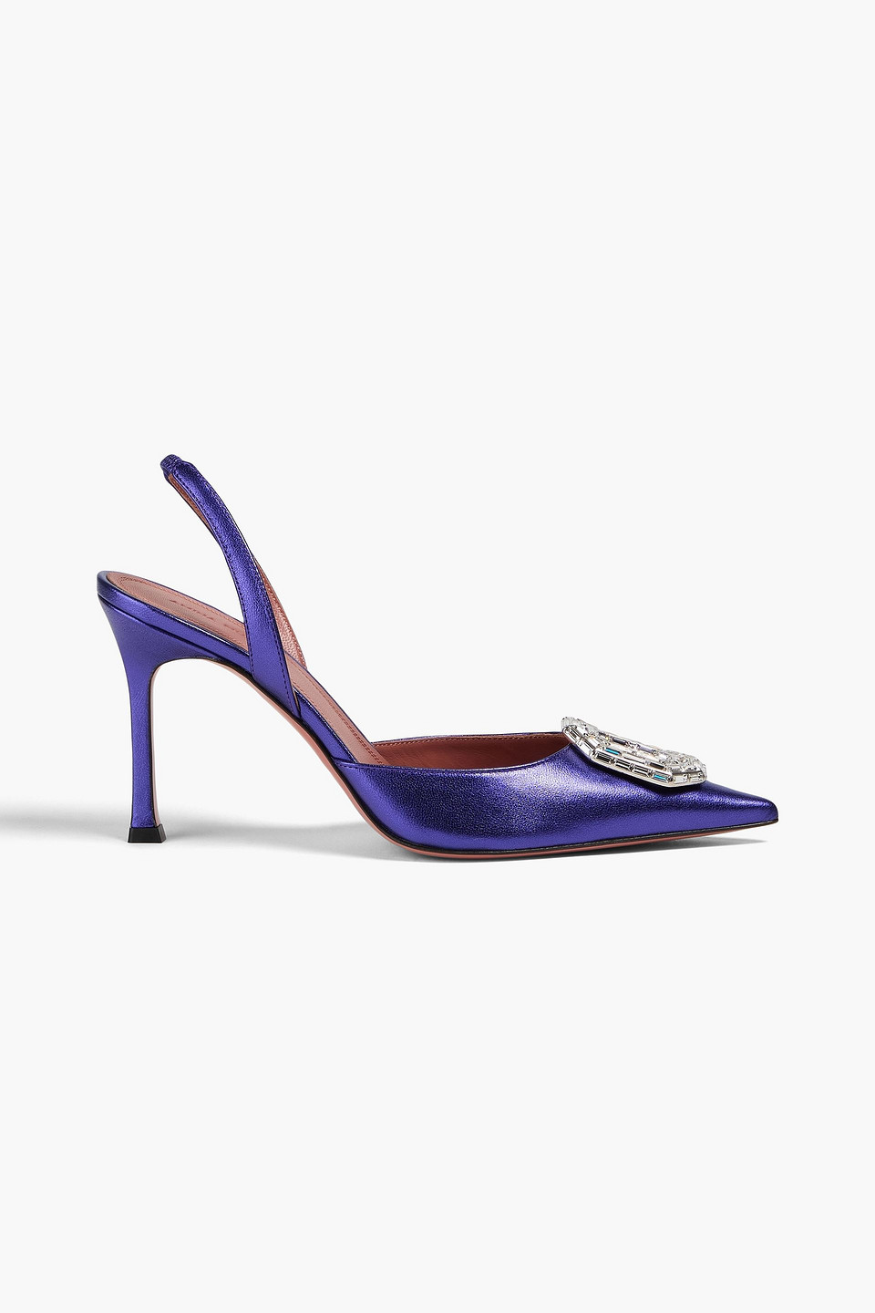 Amina Muaddi Camelia Embellished Metallic Leather Slingback Pumps In Purple