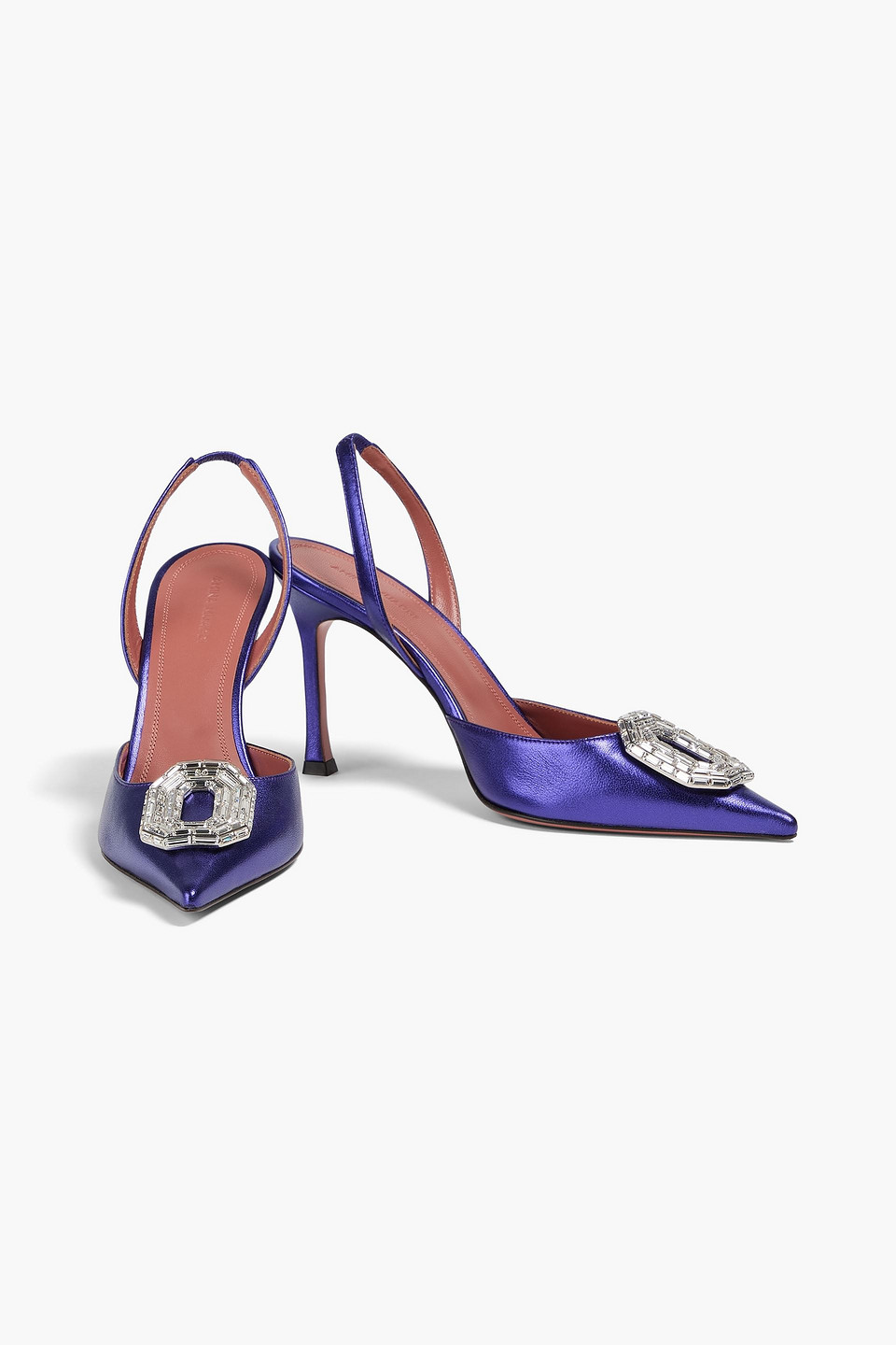 Amina Muaddi Camelia Embellished Metallic Leather Slingback Pumps In Purple