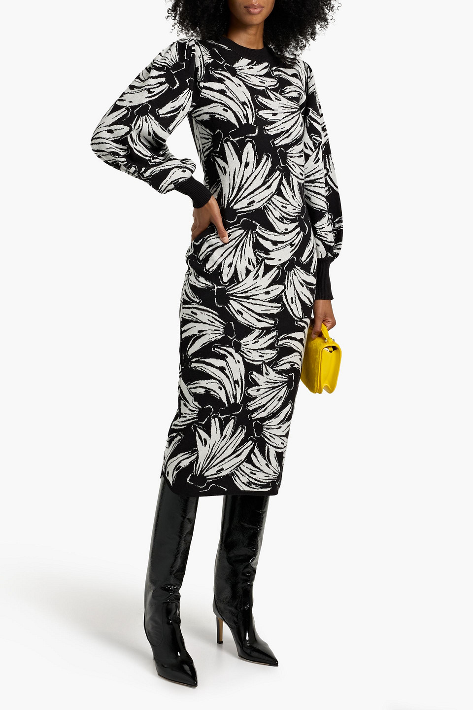 Farm Rio Jacquard-knit Midi Dress In Black