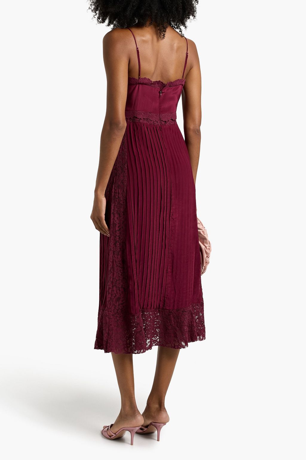 FARM RIO Pintucked crepe de chine and corded lace midi dress