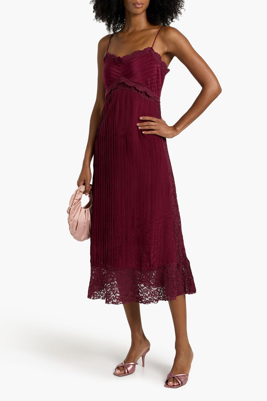 FARM RIO Pintucked crepe de chine and corded lace midi dress