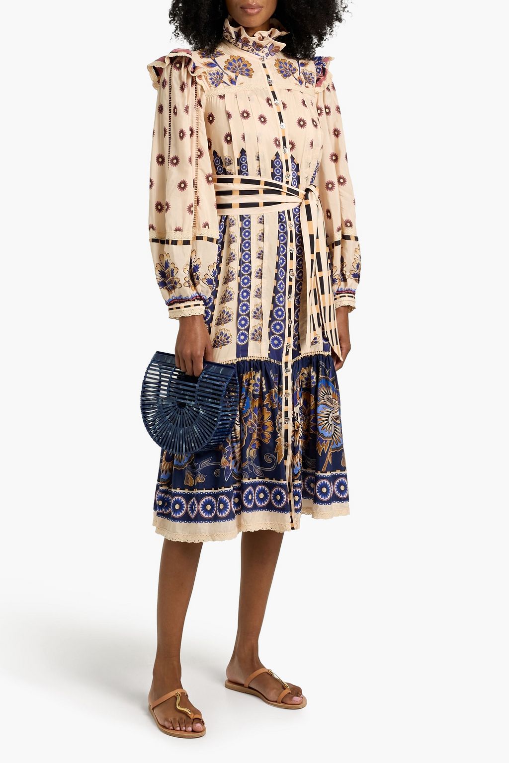FARM RIO Ruffled floral-print cotton-blend voile midi dress