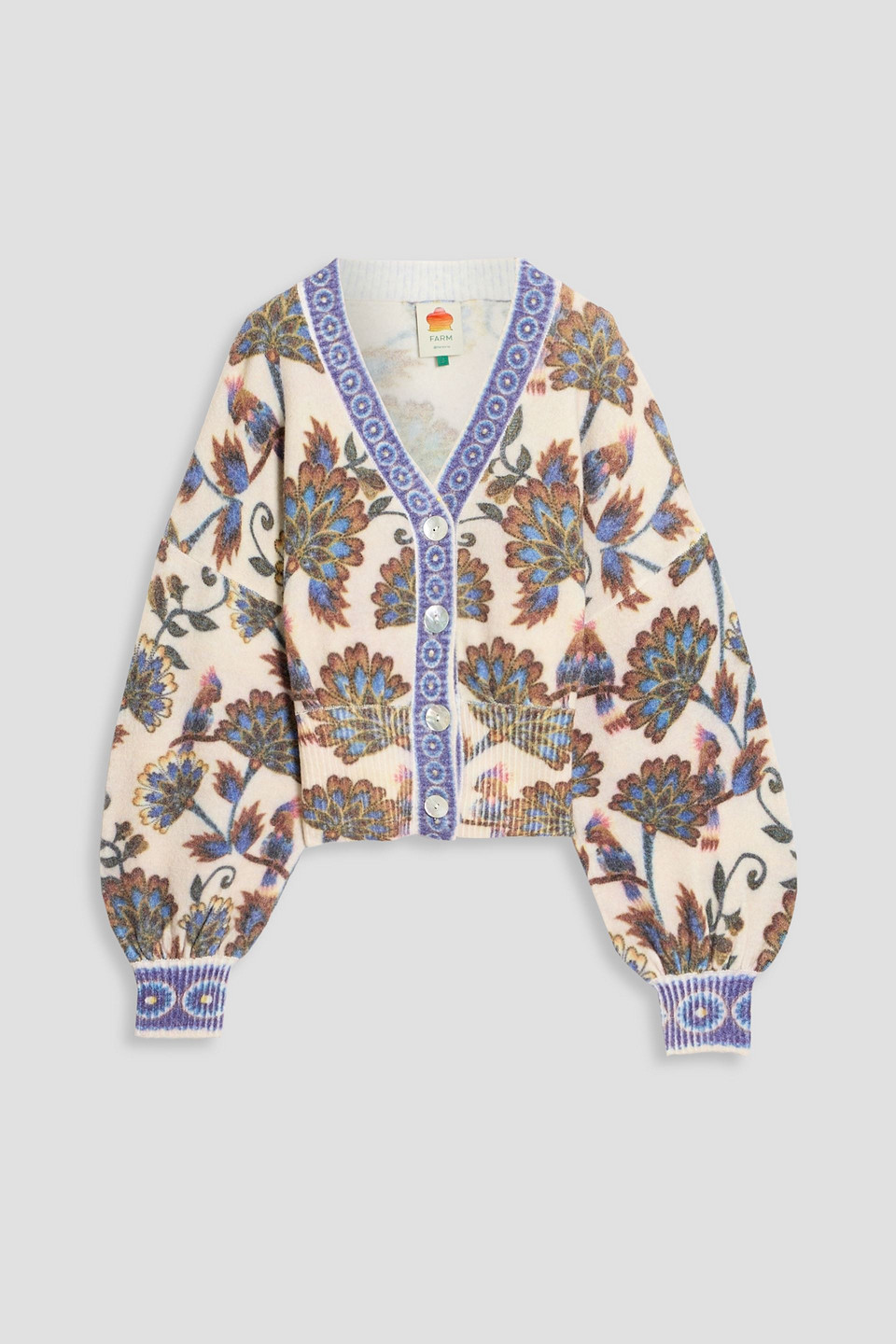 Farm Rio Floral-print Brushed Knitted Cardigan In White
