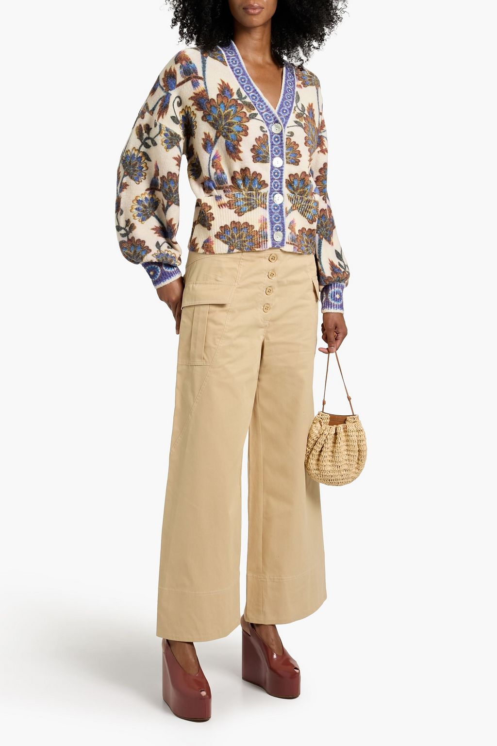 FARM RIO Floral-print brushed knitted cardigan