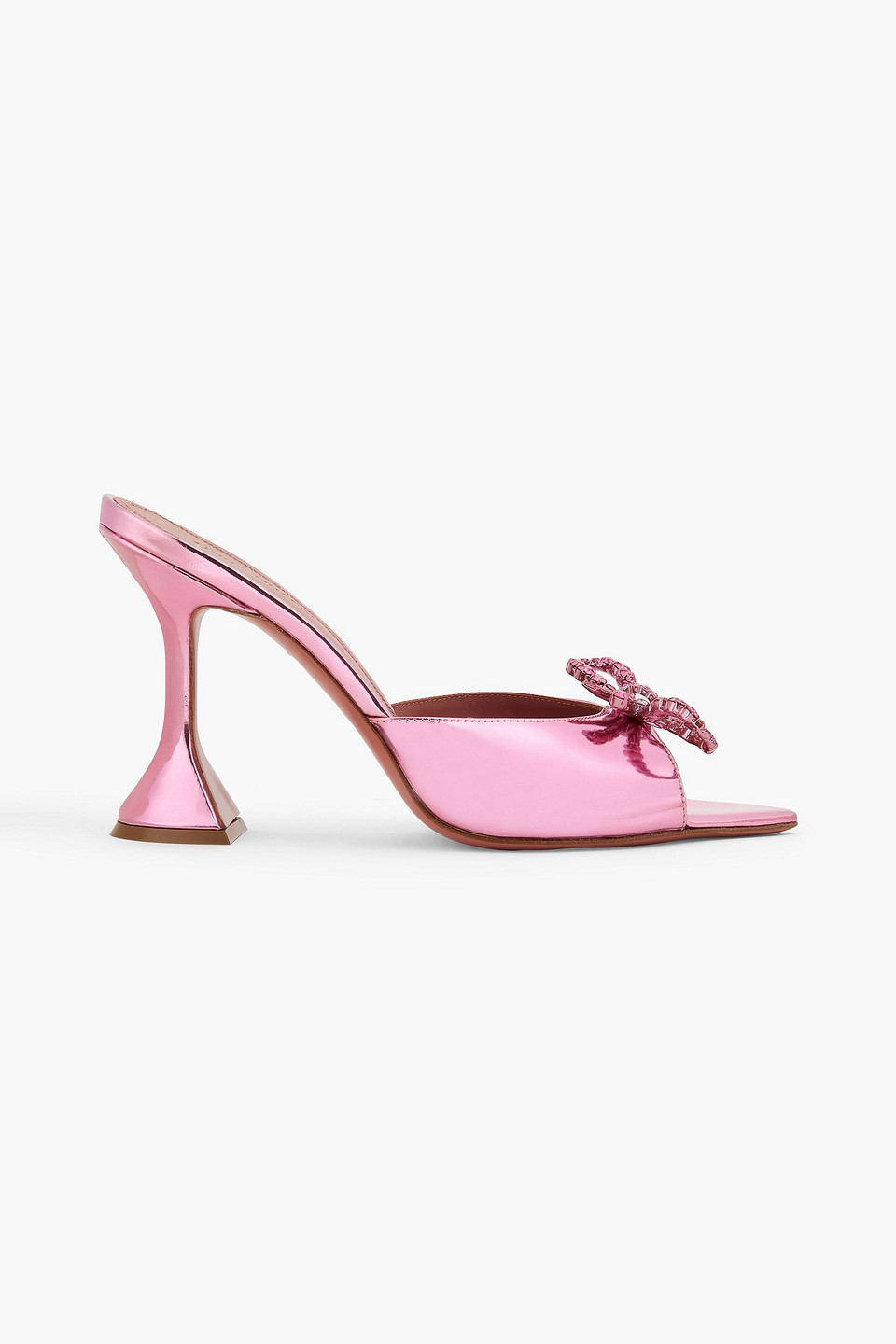 Amina Muaddi Rosie Crystal-embellished Bow-detailed Mirrored-leather Mules In Pink