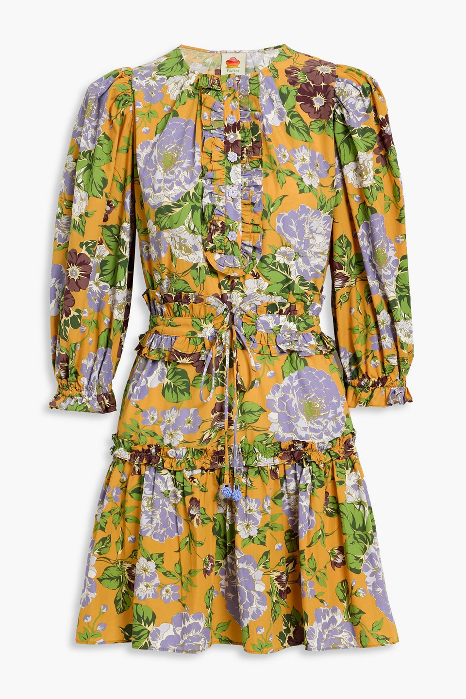 Farm Rio Ruffled Floral-print Cotton-broadcloth Mini Dress In Orange
