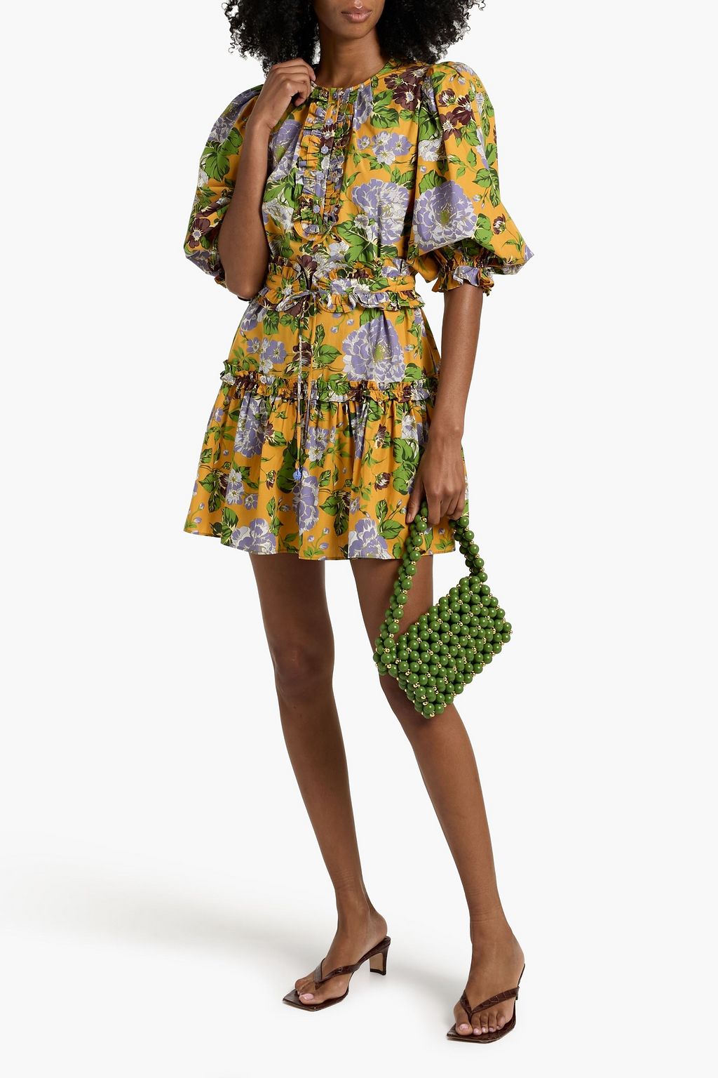 FARM RIO Ruffled floral-print cotton-broadcloth mini dress