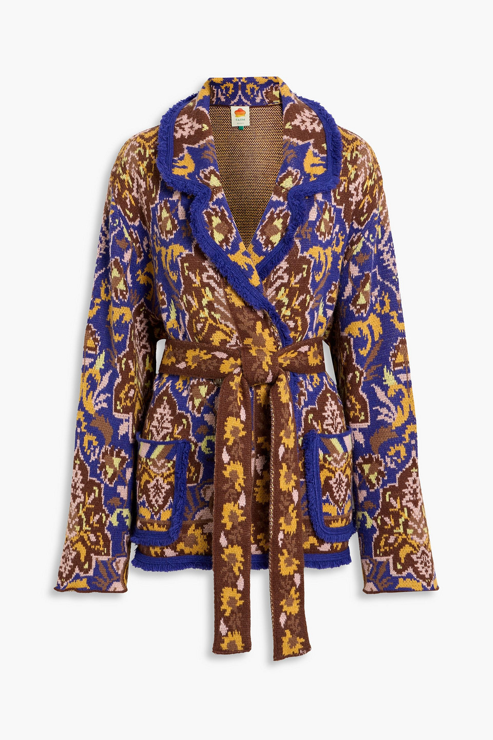 Farm Rio Belted Jacquard-knit Cardigan In Blue