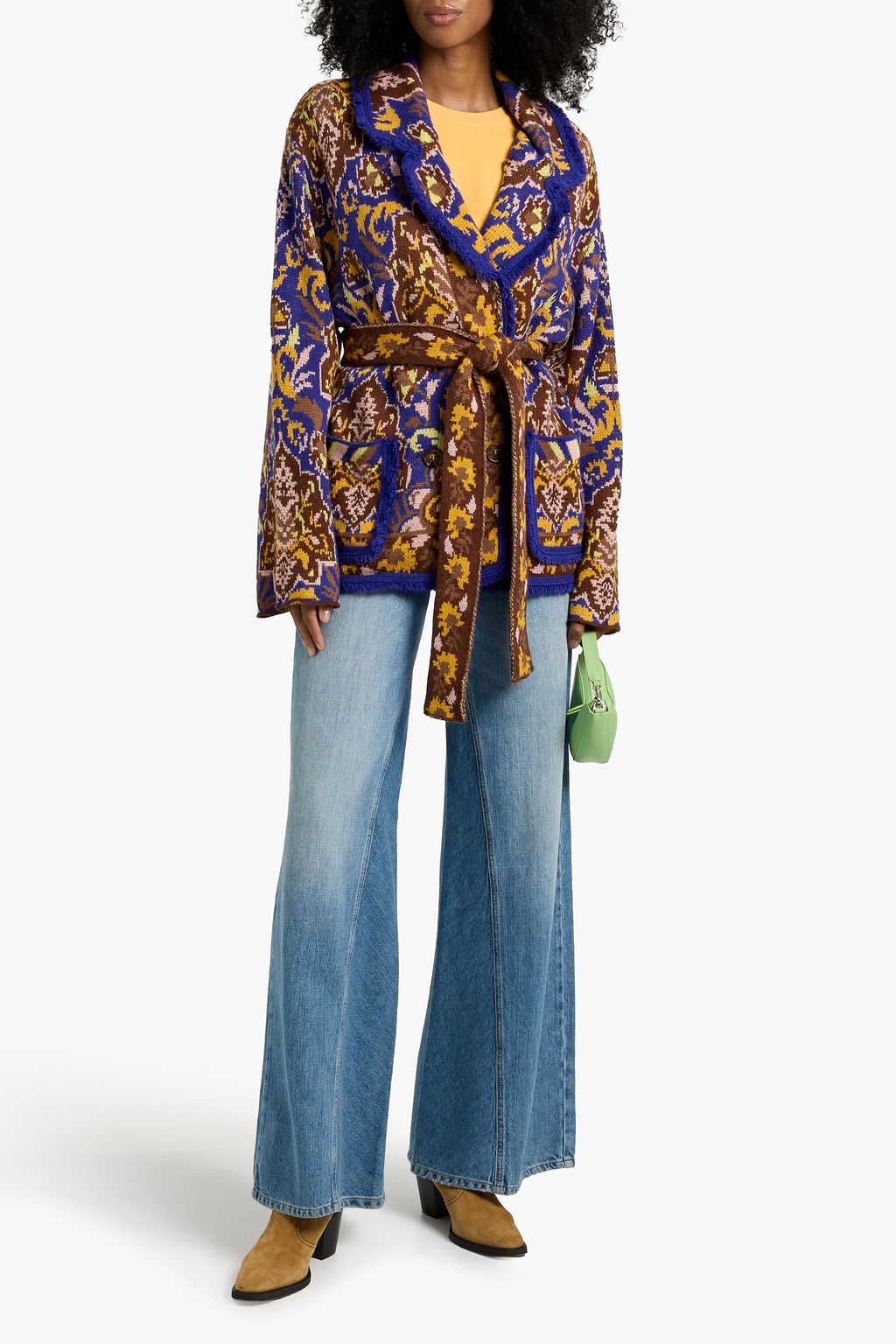 FARM RIO Belted jacquard-knit cardigan