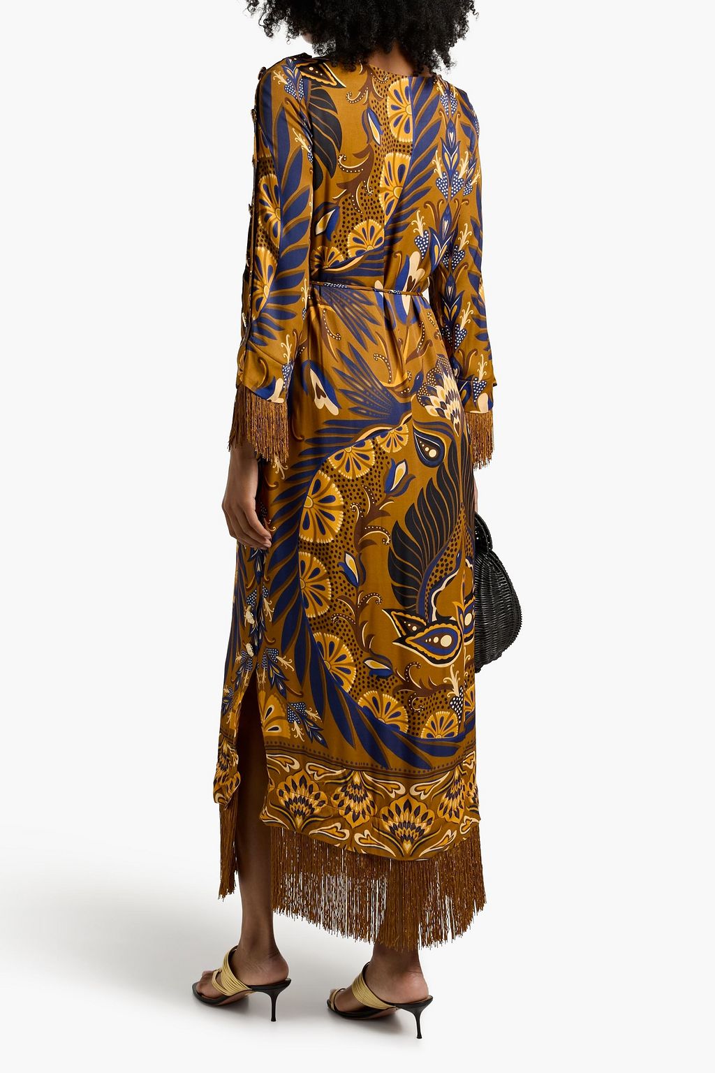 FARM RIO Fringed printed crepe de chine maxi dress