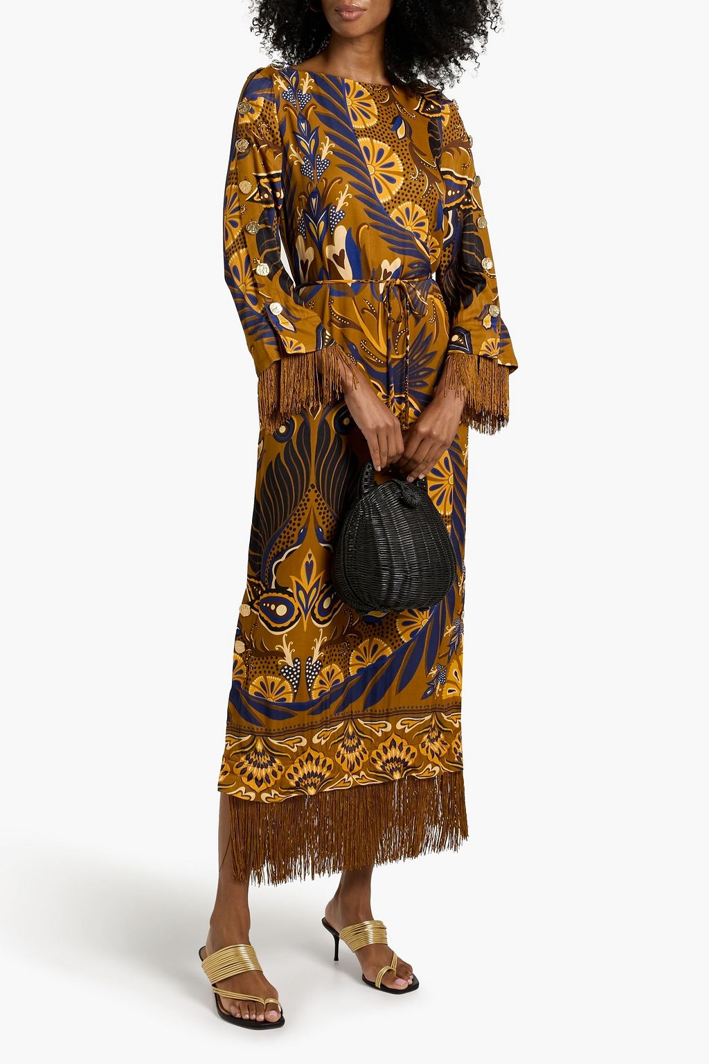 FARM RIO Fringed printed crepe de chine maxi dress