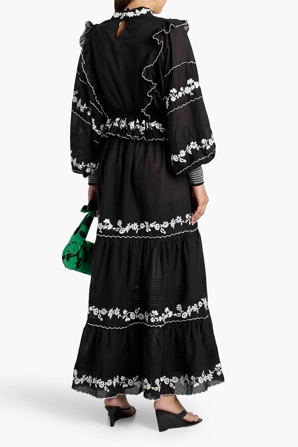 Farm Rio Embroidered Cotton-voile Maxi Skirt In Black