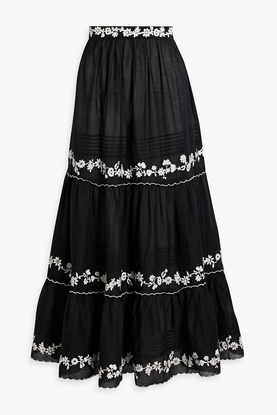Farm Rio Embroidered Cotton-voile Maxi Skirt In Black