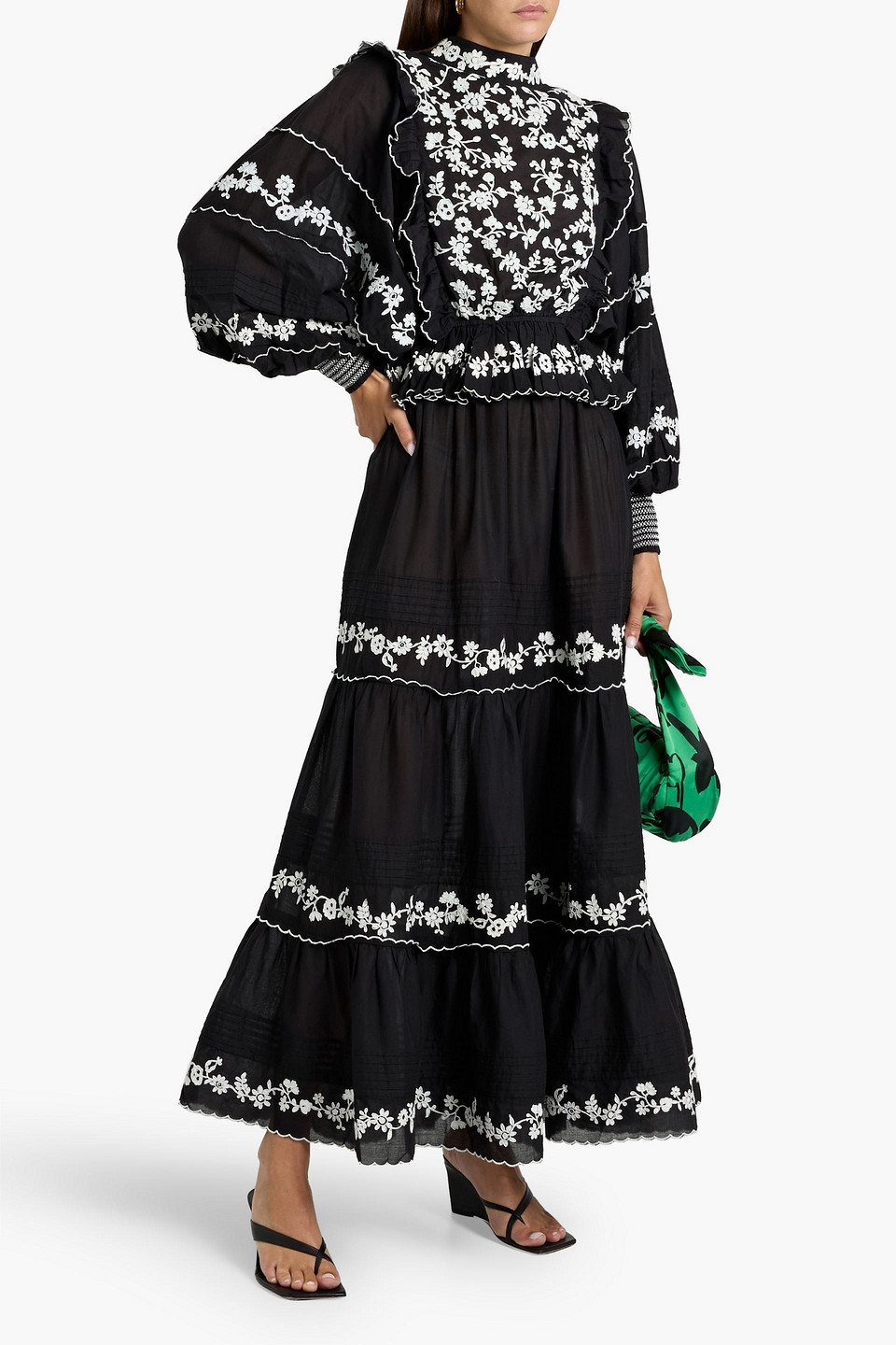 Farm Rio Embroidered Cotton-voile Maxi Skirt In Black