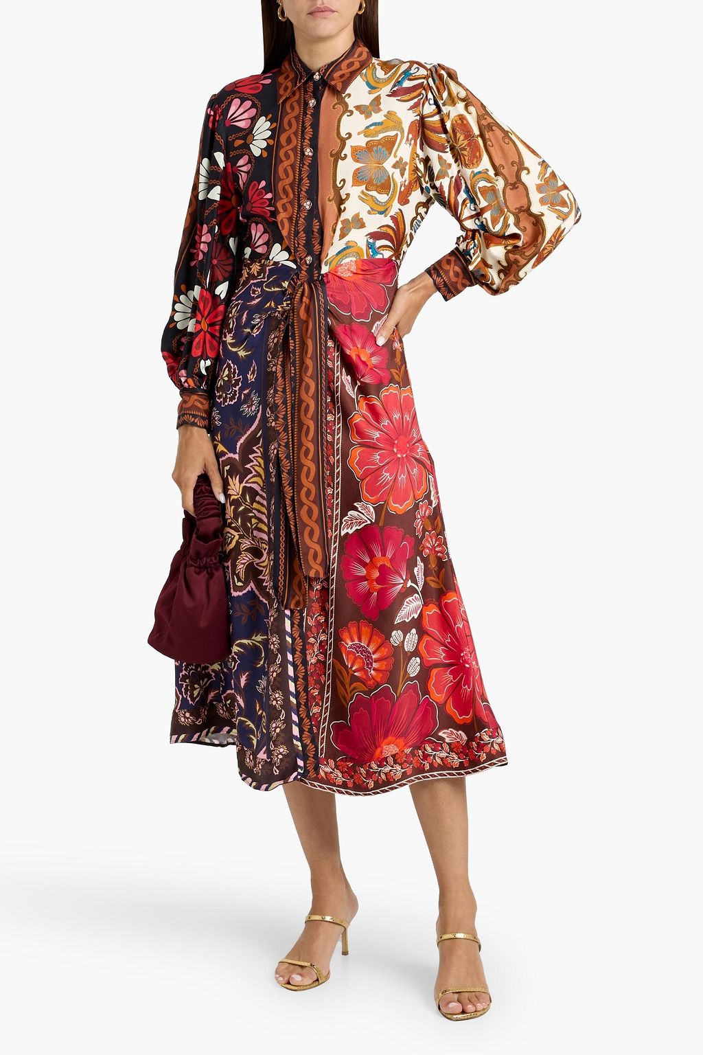 FARM RIO Printed satin midi shirt dress