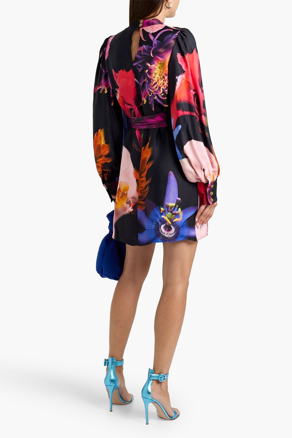 FARM RIO Belted floral-print crepe de chine mini dress