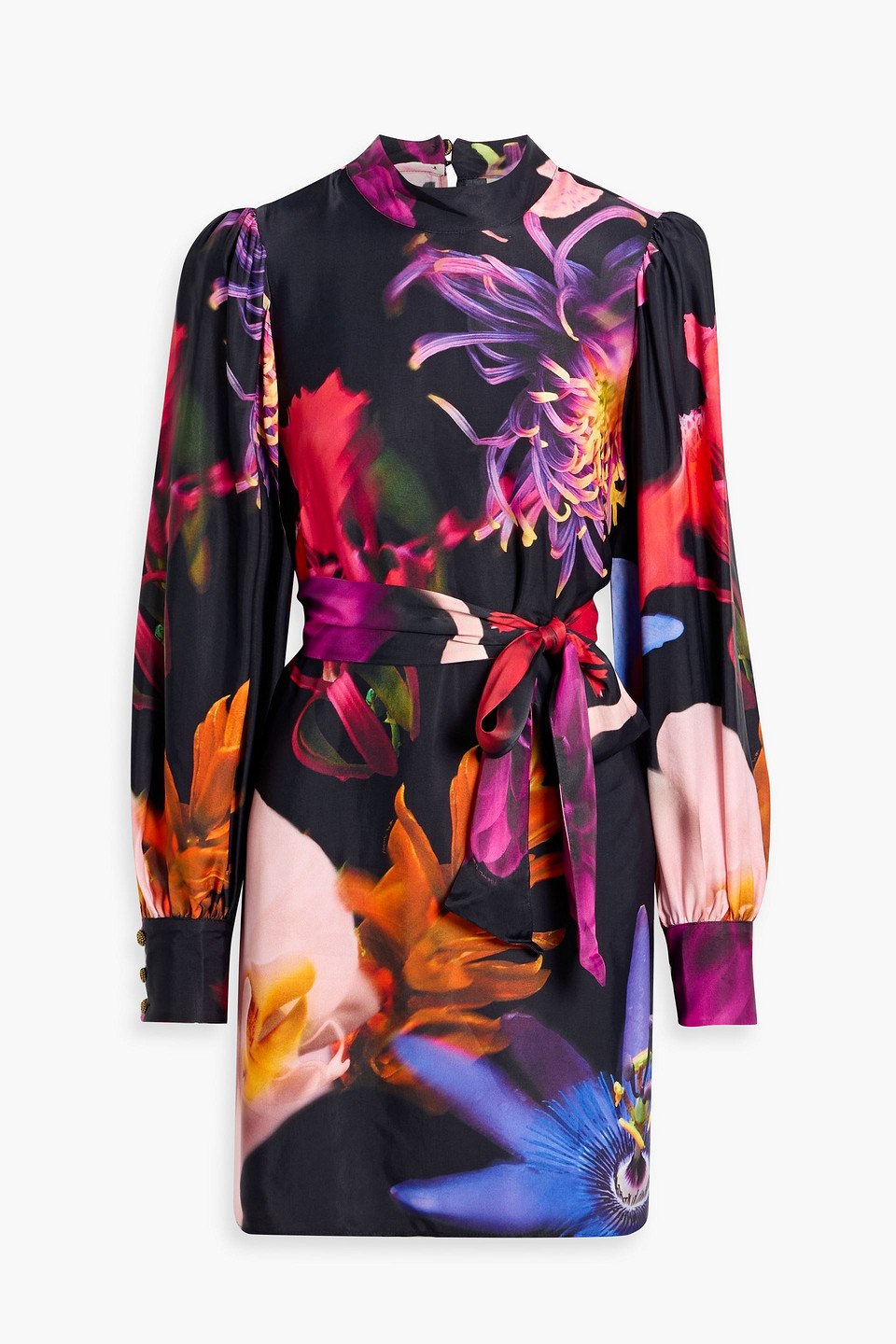 Farm Rio Belted Floral-print Crepe De Chine Mini Dress In Multi