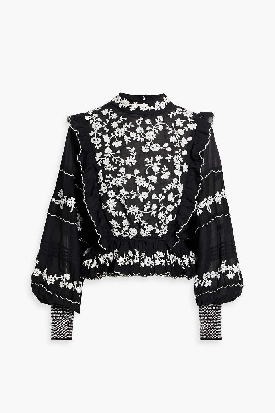 Farm Rio Ruffled Embroidered Cotton-voile Blouse In Black