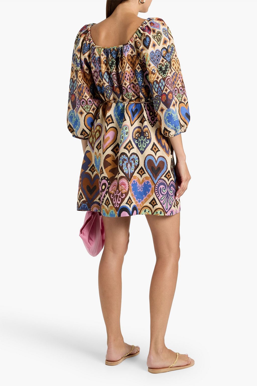 FARM RIO Belted printed linen-canvas mini dress