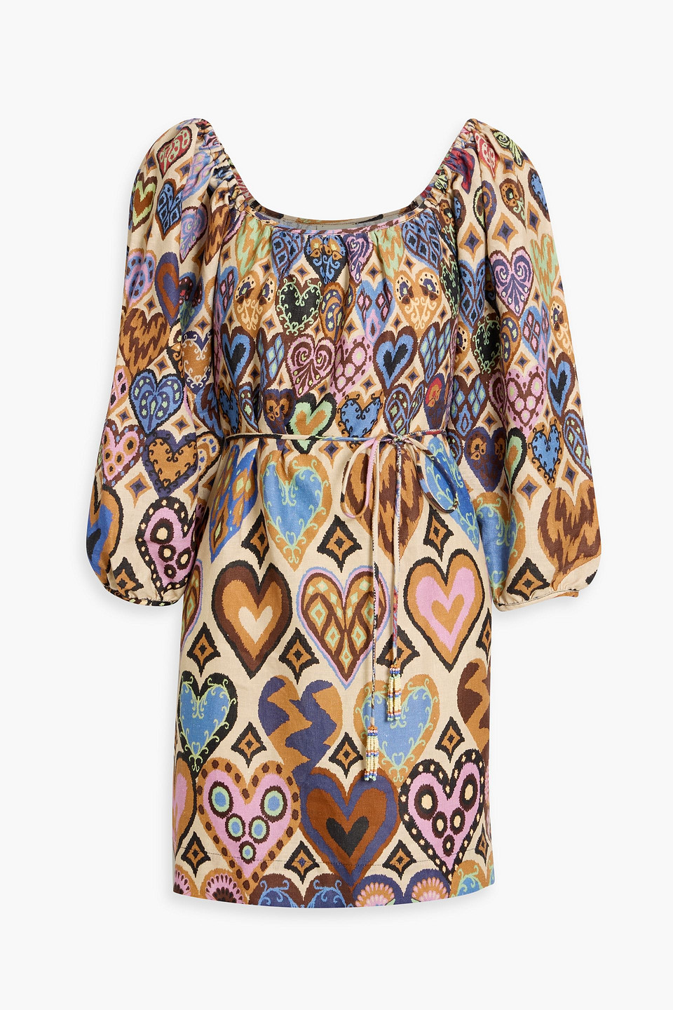 Farm Rio Belted Printed Linen-canvas Mini Dress In Multi