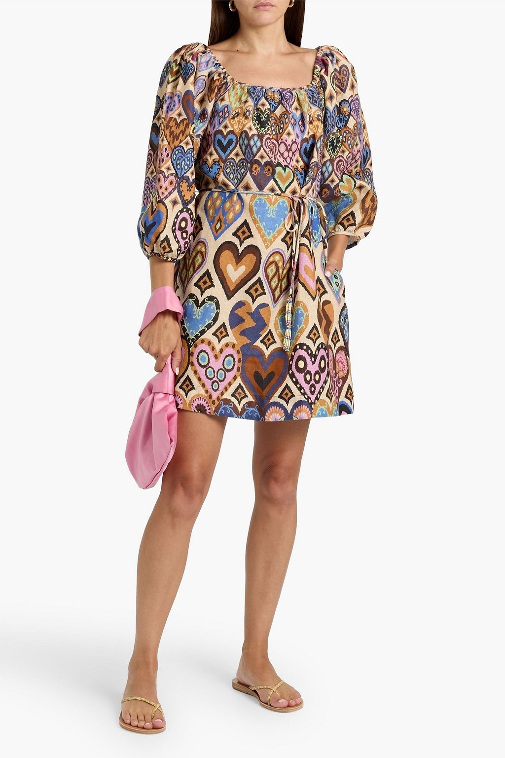 FARM RIO Belted printed linen-canvas mini dress