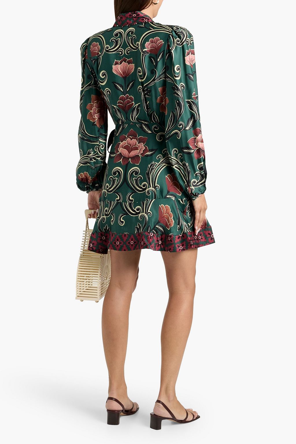FARM RIO Bead-embellished floral-print crepe de chine mini wrap dress