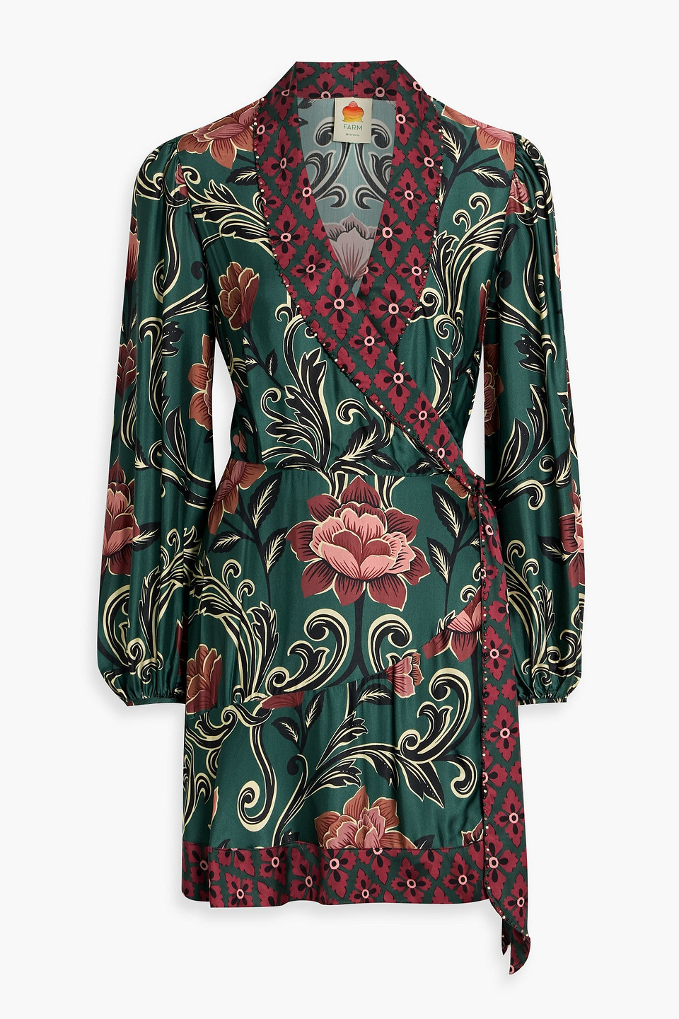 Farm Rio Bead-embellished Floral-print Crepe De Chine Mini Wrap Dress In Green