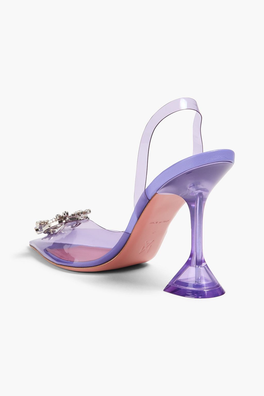 AMINA MUADDI حذاء بيجوم بكعب عالٍ من البلاستيك الشفاف بحزام خلفي مزين بالكريستال