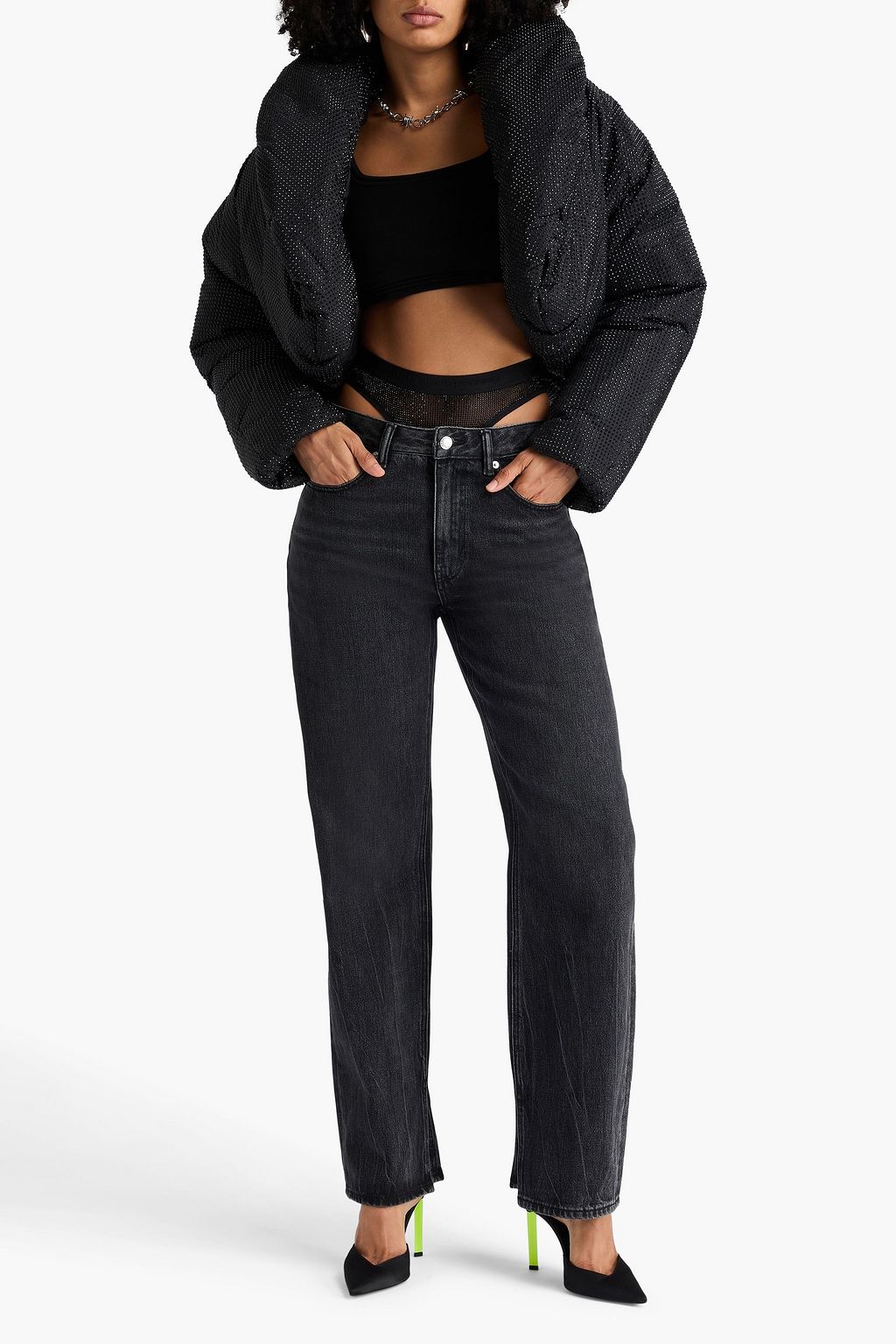 ALEXANDER WANG Slit Hem embellished mesh-paneled high-rise straight-leg jeans