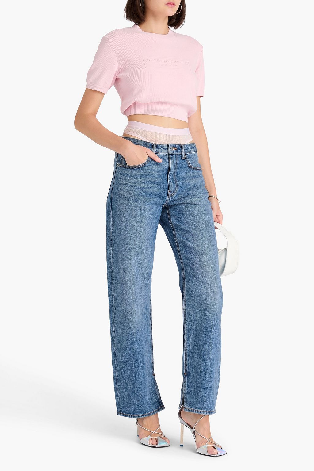 ALEXANDER WANG Slit Hem embellished mesh-paneled high-rise straight-leg jeans