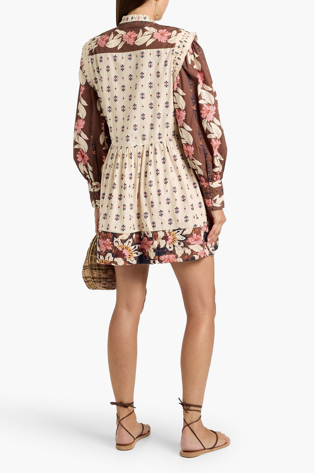 FARM RIO Pintucked printed cotton-voile mini dress