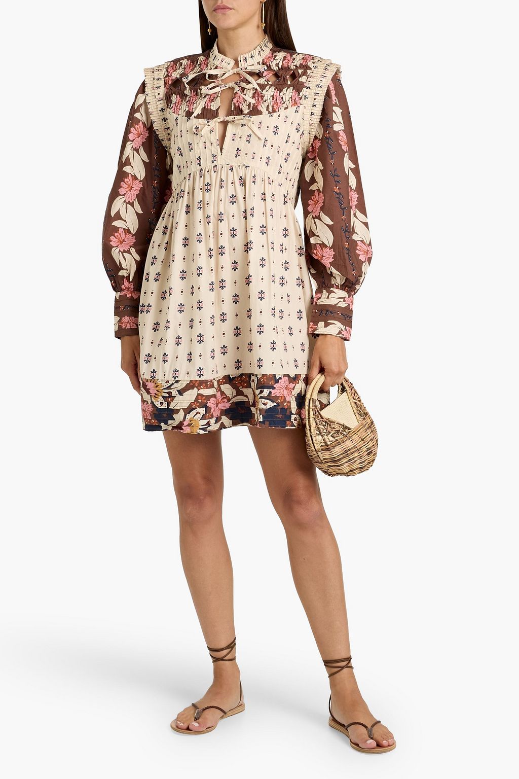 FARM RIO Pintucked printed cotton-voile mini dress