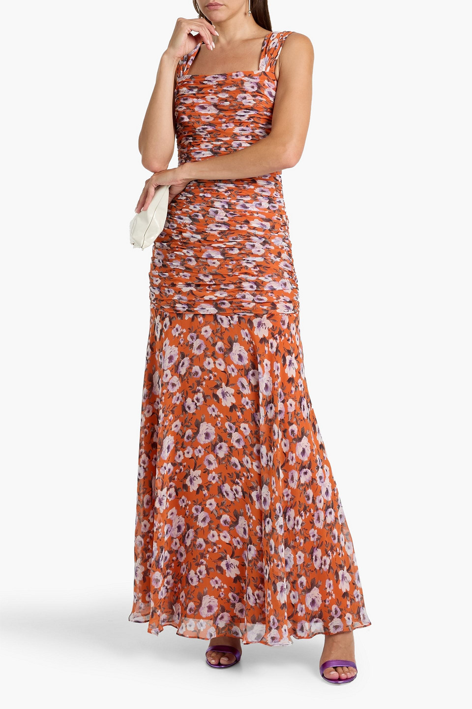 Mikael Aghal Ruched Floral-print Chiffon Maxi Dress In Orange